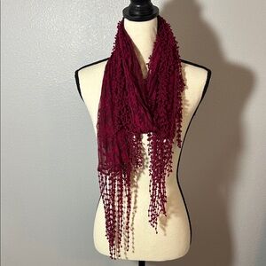 Chic Maroon Sheer Floral Scarf with Fringe